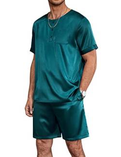 Ekouaer Herren Schlafanzug Kurz Pyjama Satin Kurzarm T-Shirt Pyjamahose Zweiteilig Set Mann Shorty Anzug, Grün, S von Ekouaer