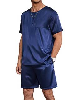 Ekouaer Herren Schlafanzug Kurz Pyjama Satin Kurzarm T-Shirt Pyjamahose Zweiteilig Set, Navyblau, S von Ekouaer