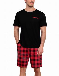 Ekouaer Herren Schlafanzug Kurz Pyjama Set mit Oberteil und kurzer Hose für Herren Weich T Shirt Shorts Freizeitanzug, Schwarz+Karierter, XXL von Ekouaer