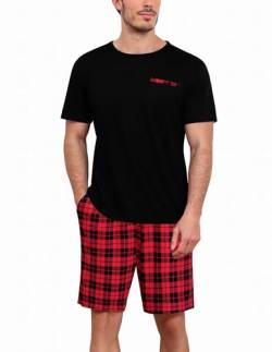 Ekouaer Herren Schlafanzug Kurz Pyjamaset Shorty T Shirt Schlafanzug Kurz Pyjama Zweiteiliges Set, Schwarz+Karierter, S von Ekouaer