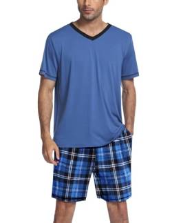 Ekouaer Herren Schlafanzug Kurz Pyjamaset Zweiteiliger Set Weich Hausanzug T-Shirt und Schlafshorts Sommer Freizeitanzug Blau Karos XXL von Ekouaer