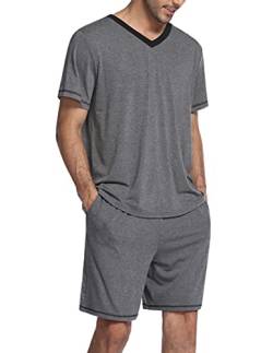 Ekouaer Herren Schlafanzug Kurz Pyjamaset Zweiteiliger Set Weich Hausanzug T-Shirt und Schlafshorts Sommer Freizeitanzug Grau XXL von Ekouaer