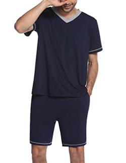 Ekouaer Herren Schlafanzug Kurz Pyjamaset Zweiteiliger Set Weich Hausanzug T-Shirt und Schlafshorts Sommer Freizeitanzug Navyblau XXL von Ekouaer