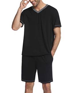 Ekouaer Herren Schlafanzug Kurz Sommer Kuzrarm Pyjama Set für Männer mit Taschen Sleepwears Schwarz L von Ekouaer