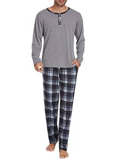 Ekouaer Herren Schlafanzug Lang Pyjama 100% Baumwolle Schlafanzug Herren Lang Kariert Langarm Shirt mit Tasche Pyjamahose Zweiteilig Set Nachtwäsche Grau M von Ekouaer