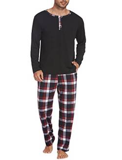 Ekouaer Herren Schlafanzug Lang Pyjama Männer Langarm Oberteil und Karierte Schlafanzughose mit Tasche Männer Pyjama Winter Sleepwear Hausanzug Schwarz XXL von Ekouaer