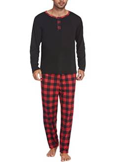 Ekouaer Herren Schlafanzug Lang Pyjama Set Zweiteiliger Schlafanzüge Männer Langarm Oberteil und Karierte Schlafanzughose mit Tasche Schwarz und Rot XXXL von Ekouaer