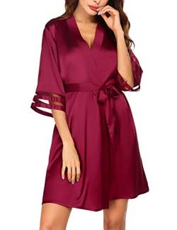 Ekouaer Kimono Morgenmantel Damen Kurz V-Ausschnitt Bademantel Weiche 3/4 Ärmel Seide Robe Nachtwäsche Hochzeit Satin Sommer Frauen Weinrot S von Ekouaer