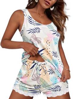 Ekouaer Mädchen Schlafanzug Damen Baumwolle Shorty Pyjama Set süße Nachtwäsche mit U Ausschnitt Freizeit Tropische Blätter XL von Ekouaer