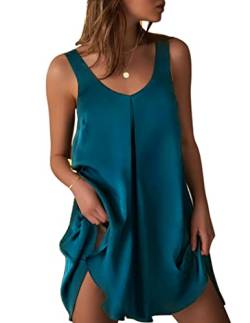 Ekouaer Nachthemd Damen Ärmelloses Kurz Satin Nachtkleid V-Ausschnitt Nachtwäsche Sexy Freizeitkleid Sleepwear Blau Grün L von Ekouaer