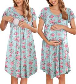 Ekouaer Nachthemd Damen Kurzarm Stillpyjama Umstandsmode Pyjama Lang für die Geburt Krankenhaus Stillen DREI-in-eins-Geburt/Stillen/Pflege, Blumen, M von Ekouaer