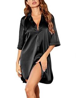 Ekouaer Nachthemd Damen Langarm Satin Nachtkleid 3/4 Ärmeln V-Ausschnitt Sleepshirt Sleepwear Negligee Nachtwäsche Kurz Schwarz XL von Ekouaer