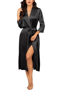 Ekouaer Nachthemd Damen Morgenmantel Damen Lang Bademantel Brautjungfern-Hochzeitsfeier Seidenroben Satin Nachtwäsche mit Taschen Kimono, Schwarz, S von Ekouaer