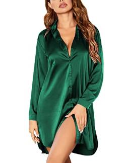 Ekouaer Nachthemd Damen Satin Schlafshirt Langarm V-Ausschnitt Sexy Sleepshirt Winter Sleepwear Negligee Nachtwäsche Kurz Grün XL von Ekouaer