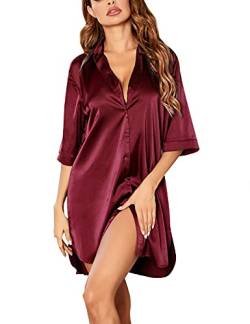 Ekouaer Nachthemd Satin Damen Nachtkleid Kurz 3/4 Ärmeln Sleepwear mit Tiefer V-Ausschnitt Sleepshirt Negligee Nachtwäsche L von Ekouaer