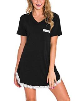 Ekouaer Nachthemden Damen Kurzarm Schlafshirt Kurz Sleepshirt Sommer Nachtwäsche, Stil A Schwarz, XXL von Ekouaer