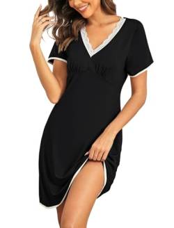 Ekouaer Nachthemden Damen Kurzarm Schlafshirt Kurz Sleepshirt Sommer Nachtwäsche, Stil C Schwarz, M von Ekouaer