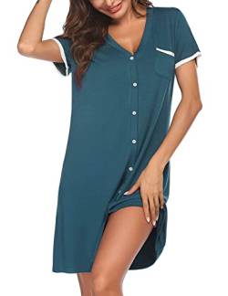 Ekouaer Nachthemden Damen Kurzarm Schlafshirt Sommer Sleepshirt Kurz Nachtwäsche Knopfleiste Türkis XXL von Ekouaer