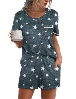 Ekouaer Pyjama Damen Kurz Schlafanzug Nachtwäsche Sommer Schlafanzüge Zweiteiliger Pjs Sets Hausanzug, Sterne Grau, XL von Ekouaer