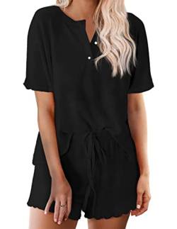 Ekouaer Pyjama Damen Kurz Schlafanzug mit Knopf Pyjama Für Teenager Mädchen Frauen Nachtwäsche Zweiteiliger Pjs Sets Hausanzug Schwarz XL von Ekouaer