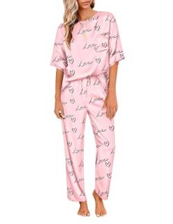 Ekouaer Pyjama Damen Kurzarm Zweiteiler Schlafanzug Satin Hausanzug Kordelzug Pyjama Set Winter Nachtwäsche Lang Hose, Herz, S von Ekouaer