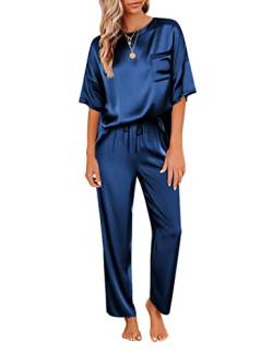 Ekouaer Pyjama Damen Kurzarm Zweiteiler Schlafanzug Satin Hausanzug Kordelzug Pyjama Set Winter Nachtwäsche Lang Hose, Navyblau, S von Ekouaer