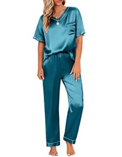 Ekouaer Pyjama Damen Kurzarm Zweiteiler Schlafanzug Satin Hausanzug Kordelzug Pyjama Set Winter Nachtwäsche Lang Hose Blaugrün S von Ekouaer