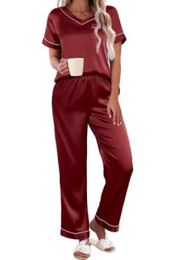 Ekouaer Pyjama Damen Kurzarm Zweiteiler Schlafanzug Satin Hausanzug Kordelzug Pyjama Set Winter Nachtwäsche Lang Hose Rot S von Ekouaer