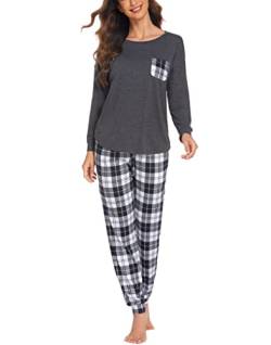 Ekouaer Pyjama Damen Langarm Zweiteiler Schlafanzug Warm Hausanzug Kordelzug Pyjama Set Winter Nachtwäsche Lang Hose Kariert, Grau, S von Ekouaer