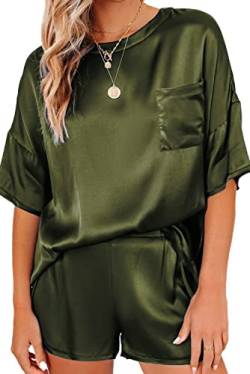 Ekouaer Pyjama Damen Satin Pyjama Set Kurzarm Seiden Schlafanzug Shorty Damen Nachtwäsche Tops Lose Hausanzug mit Tasche Freizeitanzug,Armee grün,XS von Ekouaer