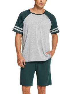 Ekouaer Pyjama Herren Kurz Schlafanzug Kurzarm Nachtwäsche Nightwear Set Rundhals T-Shirt und Shorts Sommer, Dunkelgrün XXL von Ekouaer