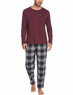 Ekouaer Pyjama Lang Herren Schlafanzug Set Baumwolle Nachtwäsche Langarm Shirt mit Tasche Pyjamahose Zweiteilig Dunkelrot XL von Ekouaer