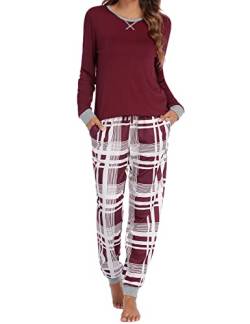 Ekouaer Pyjama Langarm Damen Schlafanzug Lang Pyjamas Set Nachtwäsche Zweiteiliger mit Damen Pyjamahose und Shirt Rundhals Elastischer Bund Taschen Sleepwear für Winter Rot L von Ekouaer