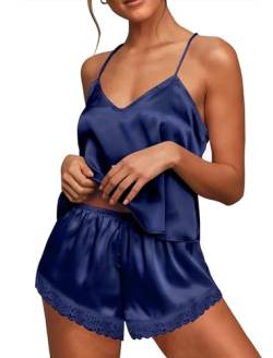 Ekouaer Pyjama Set Damen Satin Kurz Schlafanzug Sommer Spitze Shorty Nachtwäsche, Blau M von Ekouaer