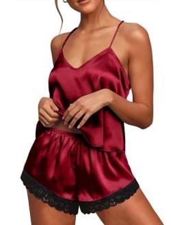 Ekouaer Pyjama Set Damen Satin Kurz Schlafanzug Sommer Spitze Shorty Nachtwäsche, Weinrot S von Ekouaer