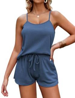 Ekouaer Pyjama Set Damen Schlafanzug für Damen weiche Dessous Nachtwäsche 2-teiliges Cami-Shorts-Set Waffelstrick-Pyjama-Loungewear, 2PC- Blau, L von Ekouaer