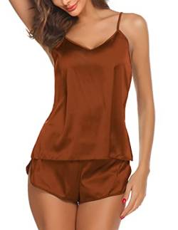 Ekouaer Pyjama für Frauen Seide Nachtwäsche Weiche Dessous Satin Cami Shorts Set Nachtwäsche, Kaffee, L von Ekouaer