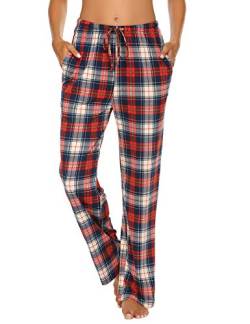 Ekouaer Pyjamahose Damen Kariert Schlafanzughose Lang Baumwolle Nachtwäsche Lange Freizeit Hose mit Taschen und Kordelzug Blau XL von Ekouaer