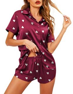 Ekouaer Pyjamas Damen Kur Sexy Schlafanzug Knopf Pyjama Shorty Satin Hochzeit Pyjama Loungewear Rot Herz XL von Ekouaer