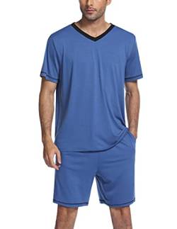 Ekouaer Pyjamas Set Herren Schlafanzug Kurz Pyjama Baumwolle Kurzarm T-Shirt Pyjamahose Zweiteilig Set Blau S von Ekouaer