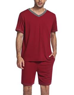 Ekouaer Pyjamas Set Herren Schlafanzug Kurz Pyjama Baumwolle Kurzarm T-Shirt Pyjamahose Zweiteilig Set Rot S von Ekouaer