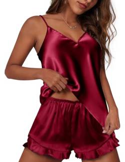 Ekouaer Satin Damen Schlafanzug Kurz Pajamas Set Sexy Nachtwäsche Schlafhose Schlafanzüge Hausanzug Rot XXL von Ekouaer