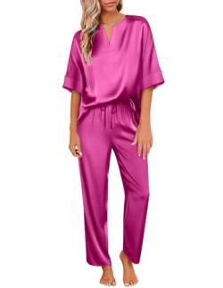 Ekouaer Satin Pyjama Damen Schlafanzug Pyjamas Set Frauen Seide Nachtwäsche Pjs Sets Sleepwear, Rose,XL von Ekouaer