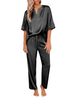 Ekouaer Satin Pyjama Damen Schlafanzug Pyjamas Set Frauen Seide Nachtwäsche Pjs Sets Sleepwear,schwarz,XXL von Ekouaer