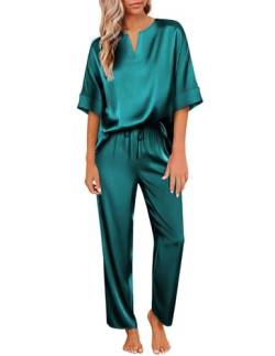 Ekouaer Satin-Pyjama-Set für Damen, Seide, kurzärmelig, V-Ausschnitt, Hemd mit langer Hose, weiche Loungewear-Pyjama-Set, Grün , M von Ekouaer