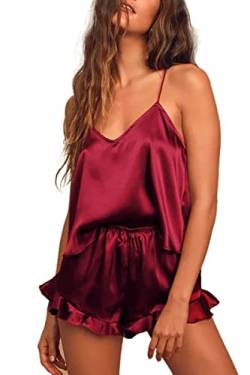 Ekouaer Satin Schlafanzug Set Schlafanzug Damen Pyjama Set aus Satin Zweiteiliger Sommer Rot M von Ekouaer