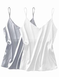 Ekouaer Satin Unterhemd Damen Tank Top Strap Basic Cami Sommer Weste Shirt Läsiges V-Ausschnitt Cami Ämellose Blusen Weiß+Grau M von Ekouaer