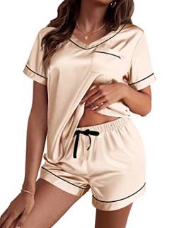 Ekouaer Schlafanzug Damen Kurz Pyjama Kurzarm Hausanzug Sommer Hose Nachtwäsche Satin Loungewear Rundhals mit Gummibund, Champagner, XXL von Ekouaer