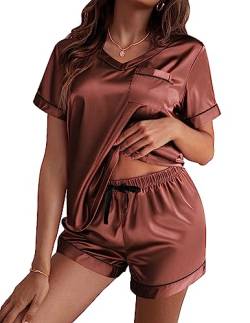 Ekouaer Schlafanzug Damen Kurz Pyjama Kurzarm Hausanzug Sommer Hose Nachtwäsche Satin Loungewear Rundhals mit Gummibund, Karamell, XXL von Ekouaer