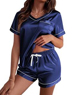 Ekouaer Schlafanzug Damen Kurz Pyjama Kurzarm Hausanzug Sommer Hose Nachtwäsche Satin Loungewear Rundhals mit Gummibund, Navyblau, XXL von Ekouaer